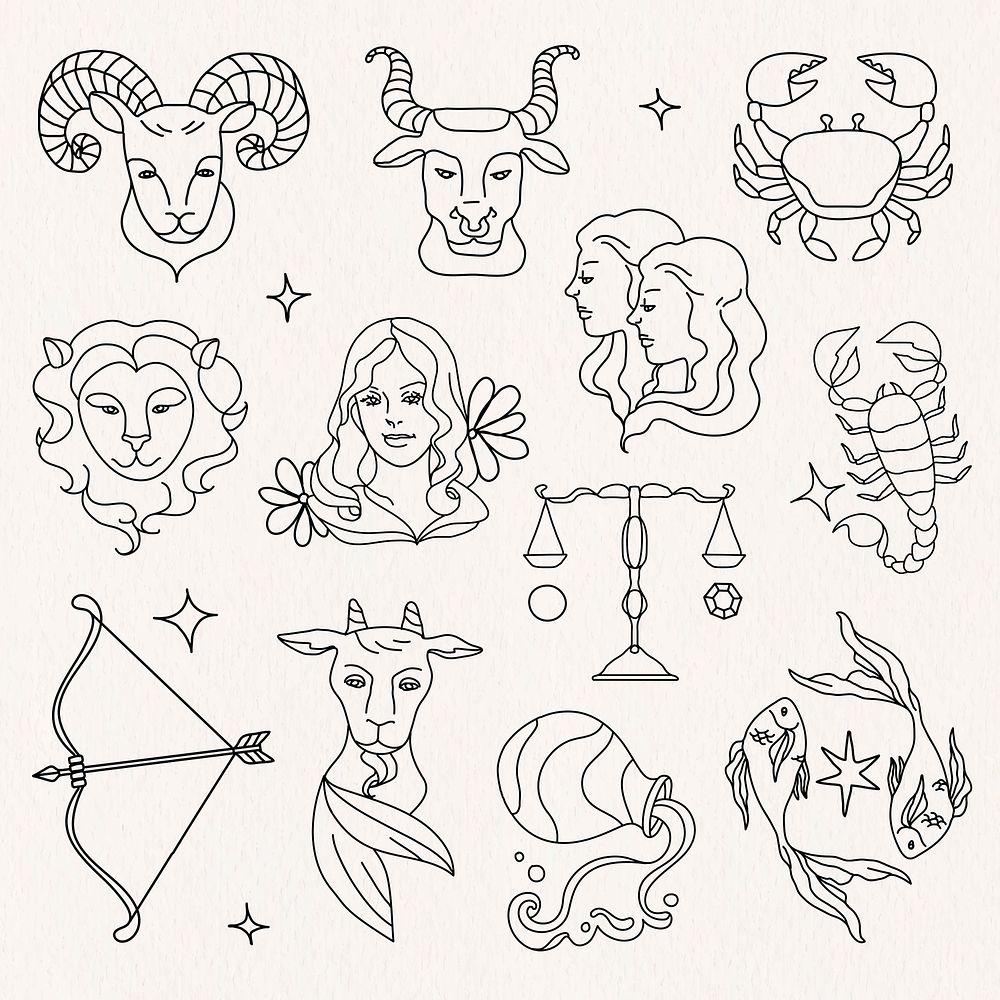 Zodiac signs doodle collage element, horoscope illustration set psd