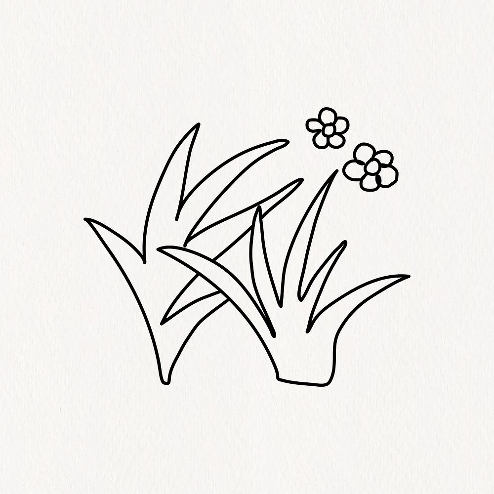 Doodle grass & flowers line art illustration