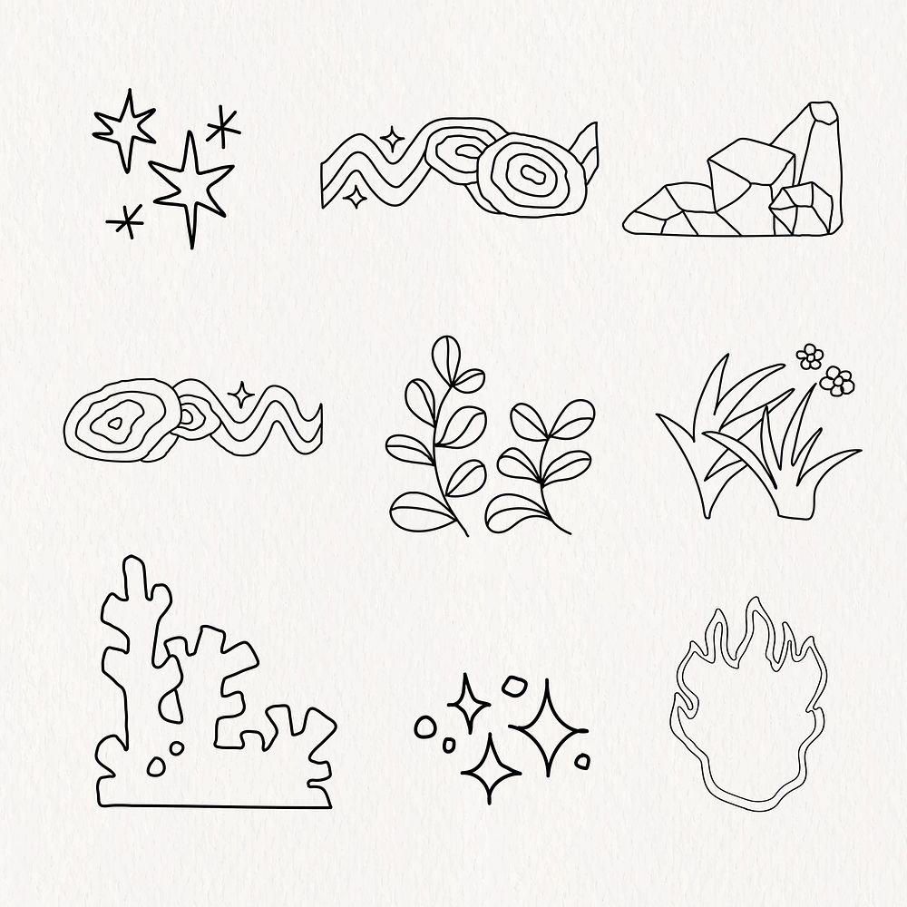 Funky doodle design line art, collage element set vector