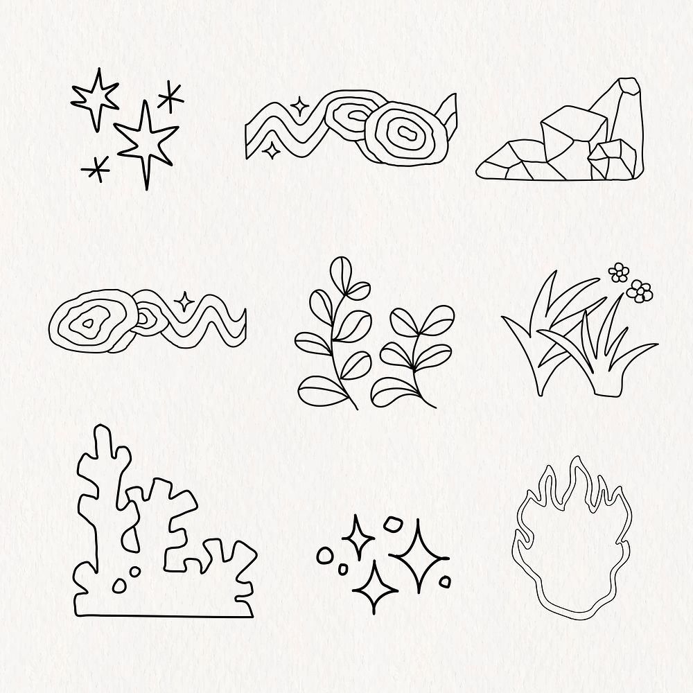 Funky doodle design line art, collage element set psd