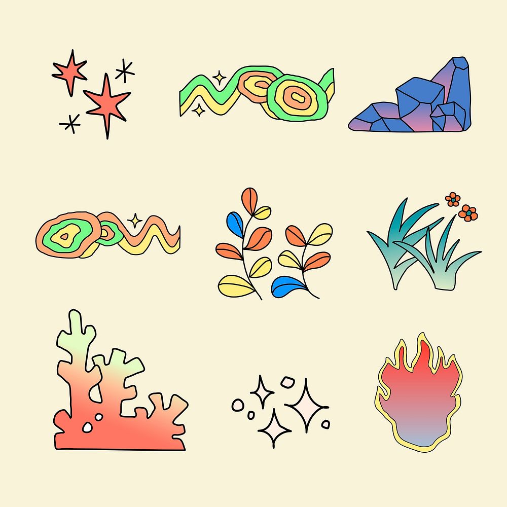 Funky nature doodle collage elements, colorful design set psd