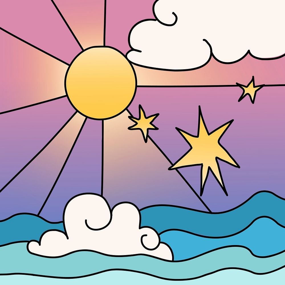 Cute ocean sunshine, doodle design illustration