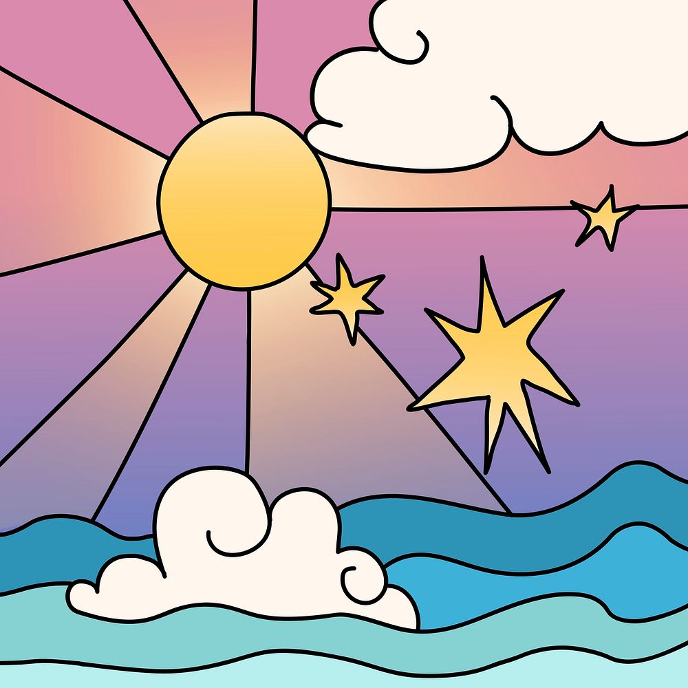 Cute ocean sunshine, doodle design illustration psd