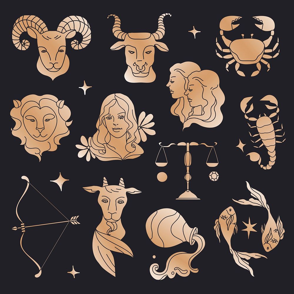 Zodiac signs, gradient doodle design collage element set vector