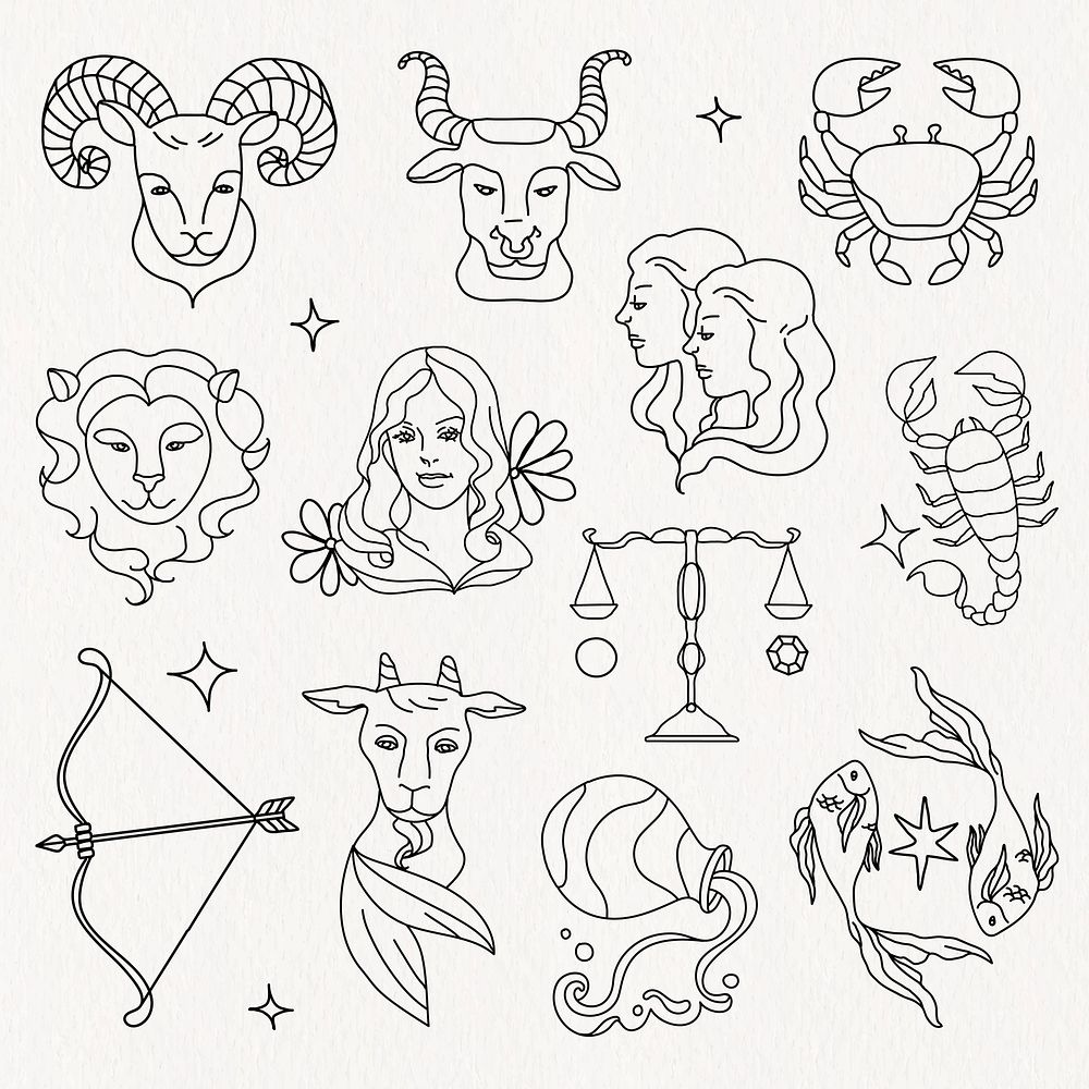 Zodiac signs doodle collage element, horoscope illustration set vector