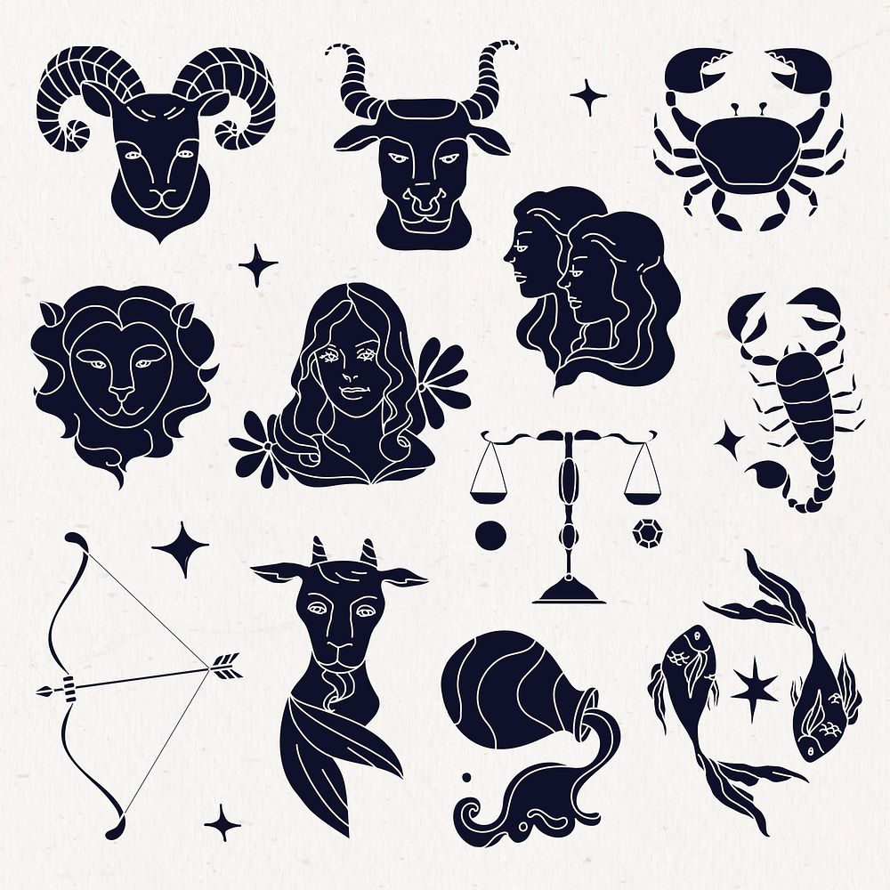 Zodiac signs, doodle art black & white illustration graphic set vector
