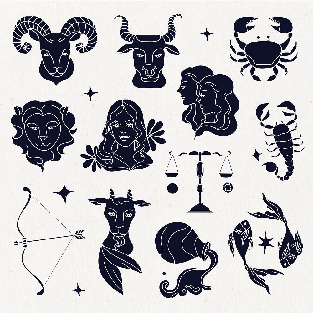 Zodiac signs, doodle art black & white illustration set psd