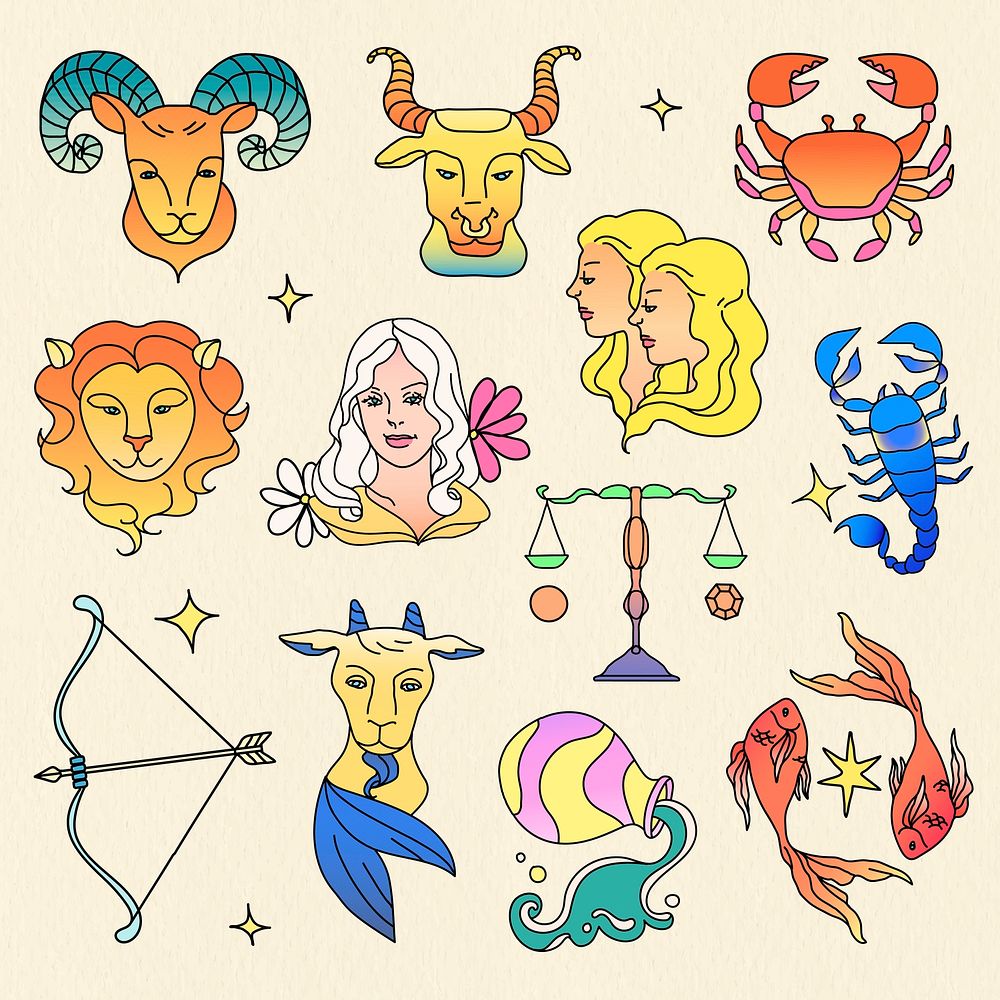 Zodiac signs, colorful doodle art collage element collection vector