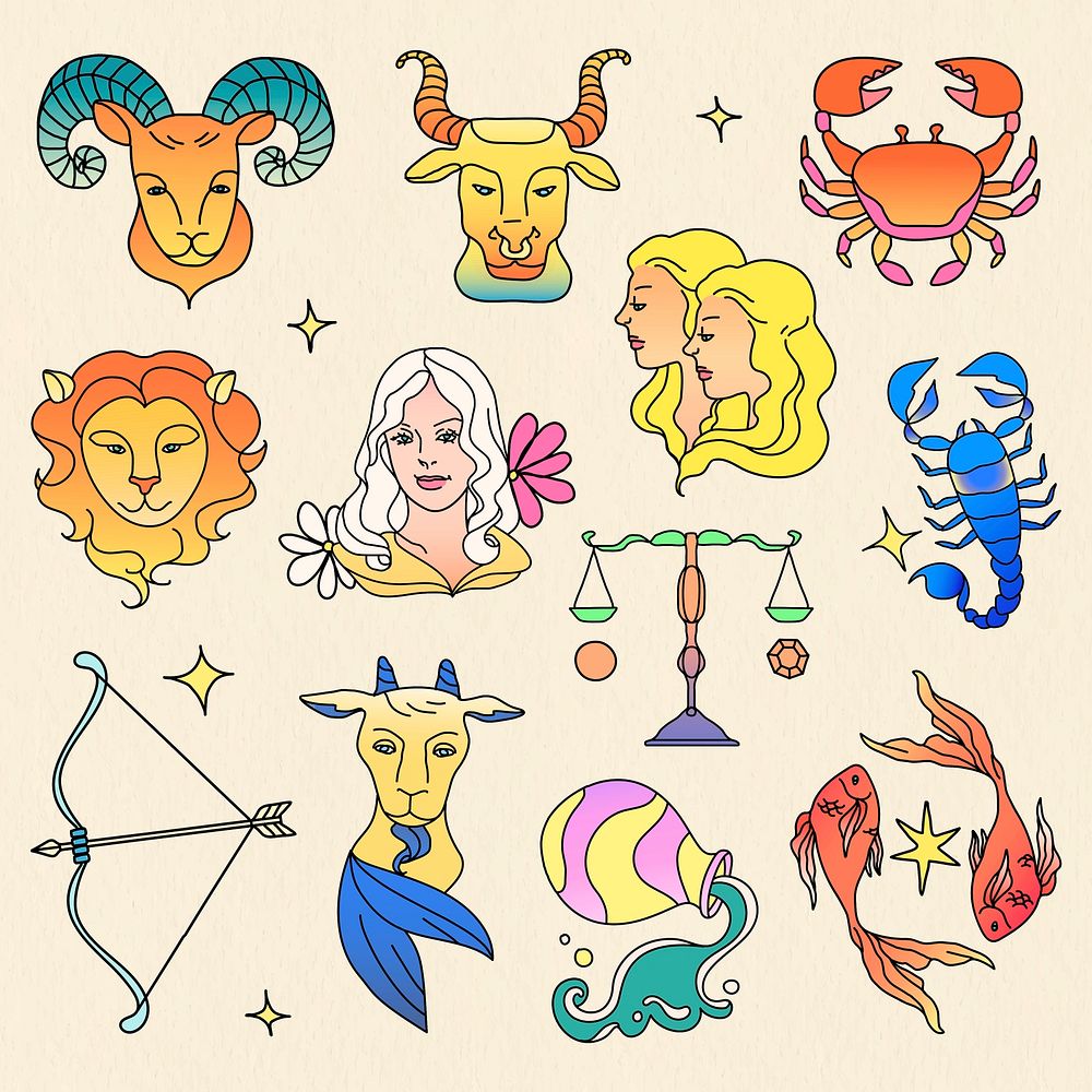 Zodiac signs, colorful doodle art collage element collection psd