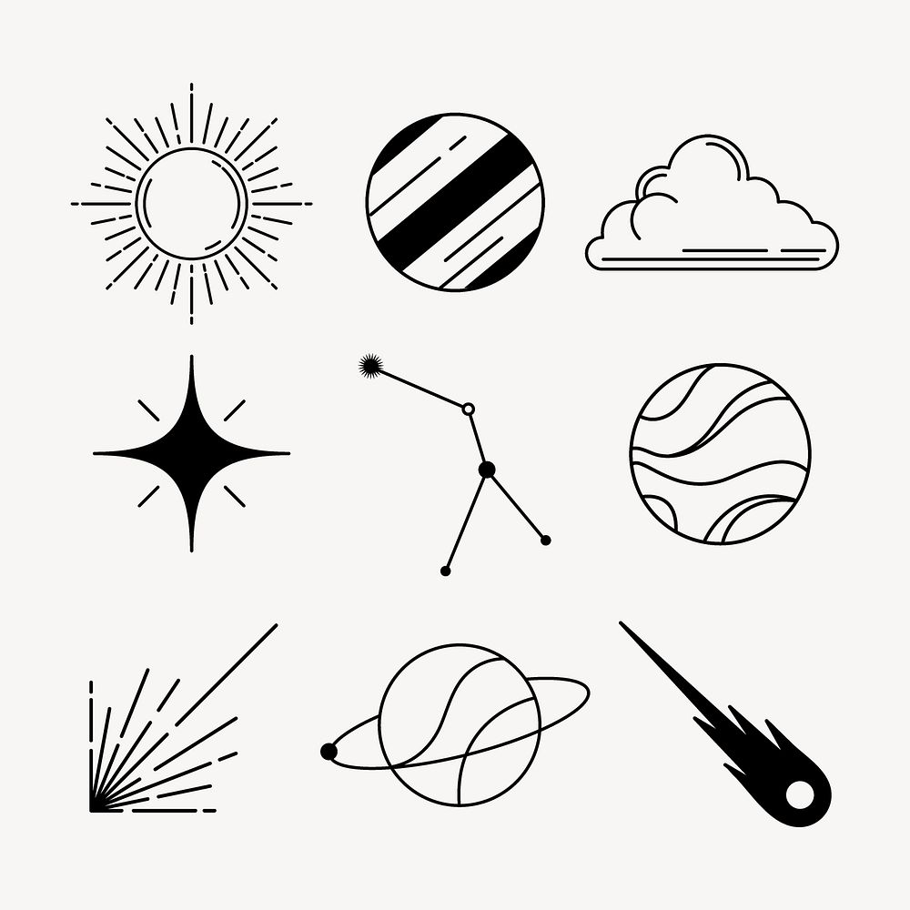 Galaxy stickers, simple black line drawing collage element set psd