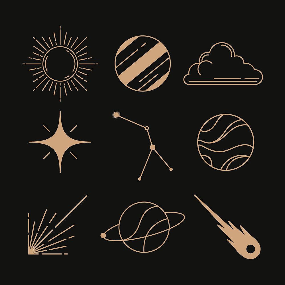 Galaxy stickers, aesthetic gold line drawing collage element set psd