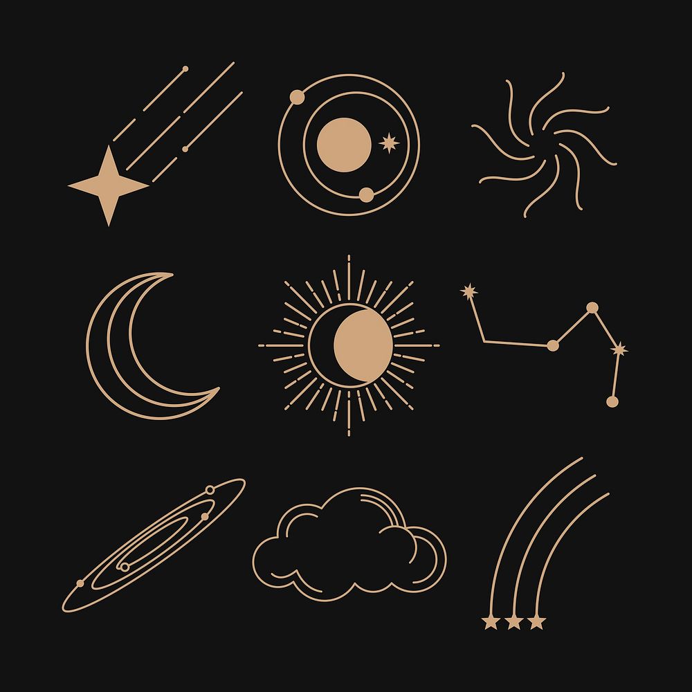 Celestial stickers, aesthetic gold line art collage element set vector