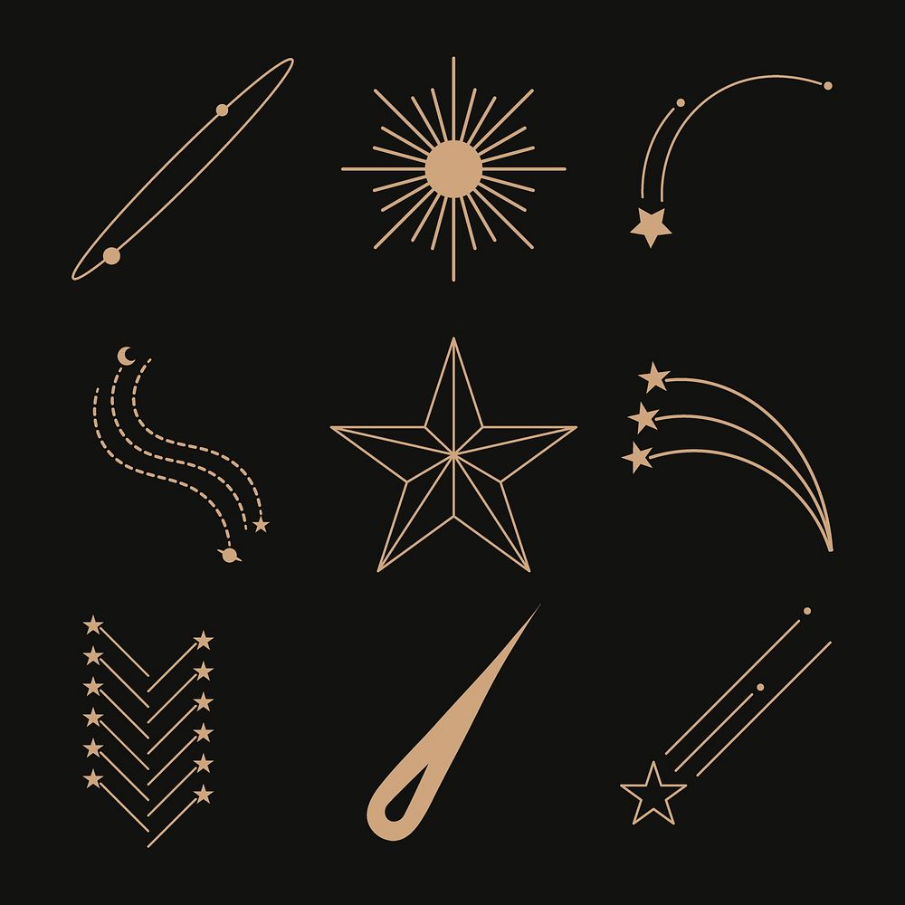 Gold stars set, celestial line art design psd