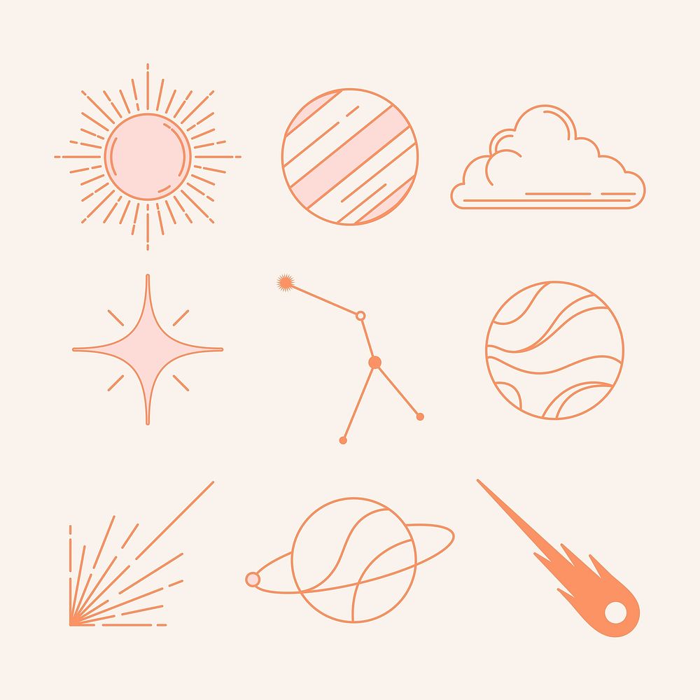 Galaxy stickers, aesthetic pastel line drawing collage element set vector