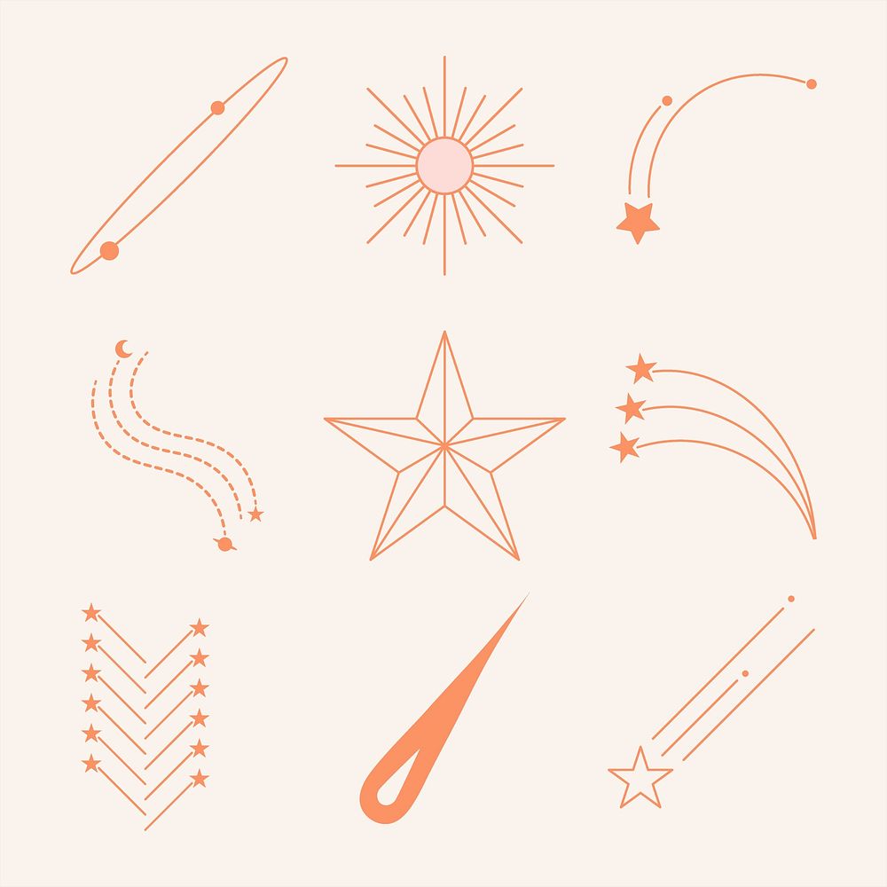 Pastel stars set, celestial line art design psd