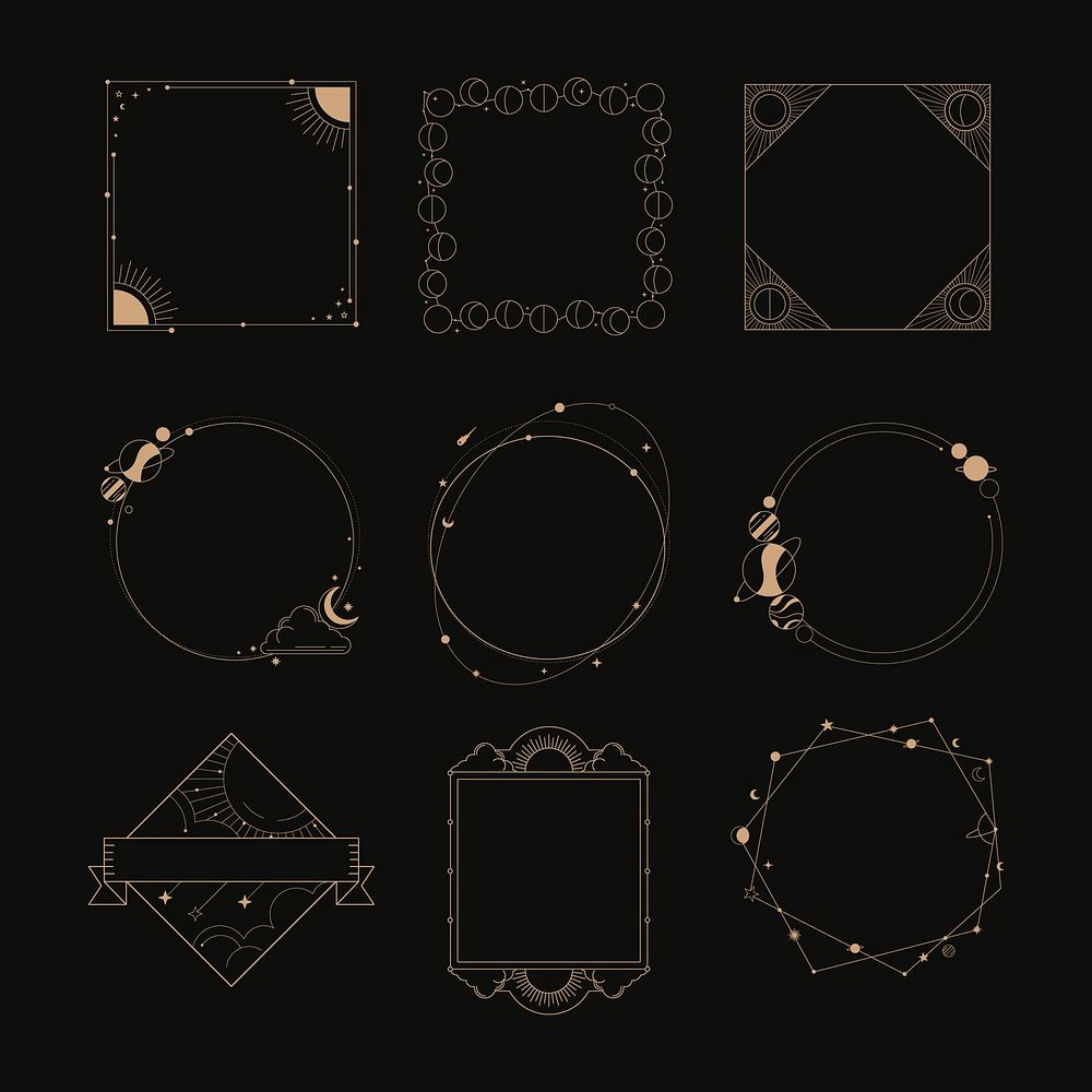 Mystic moon frame stickers, aesthetic gold style for digital design set psd