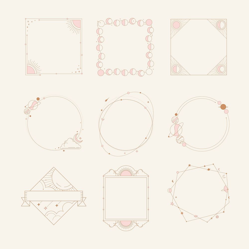 Mystical celestial frame stickers, aesthetic pastel astrology collage element set vector