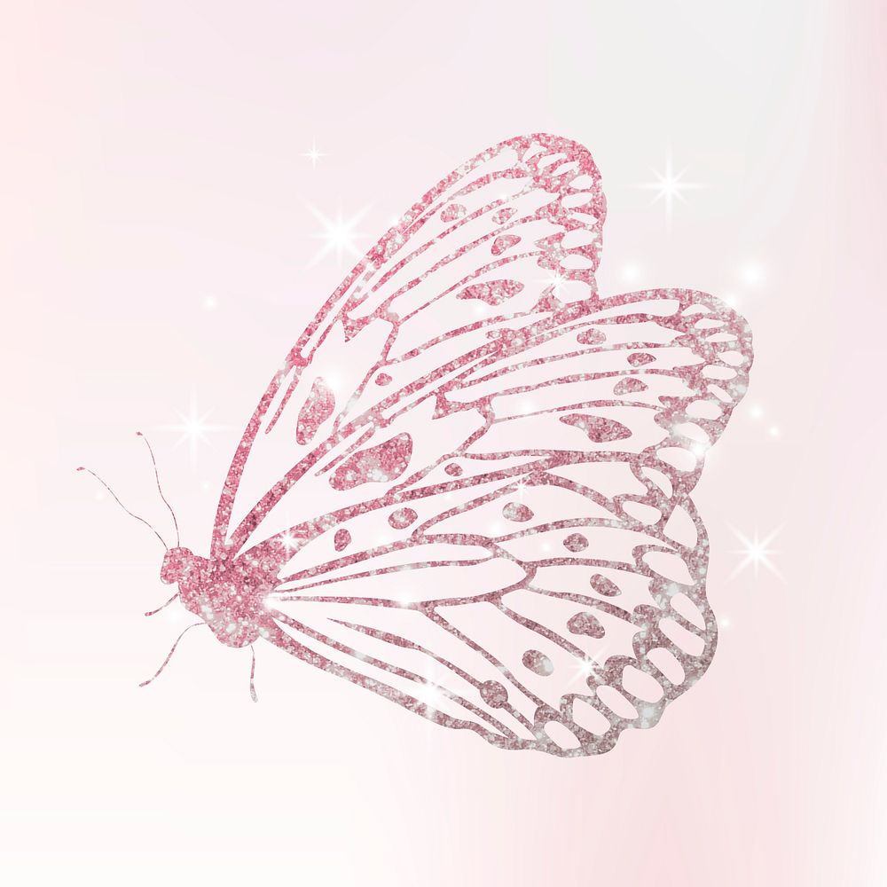 Pink cute butterfly sticker, glitter collage element psd