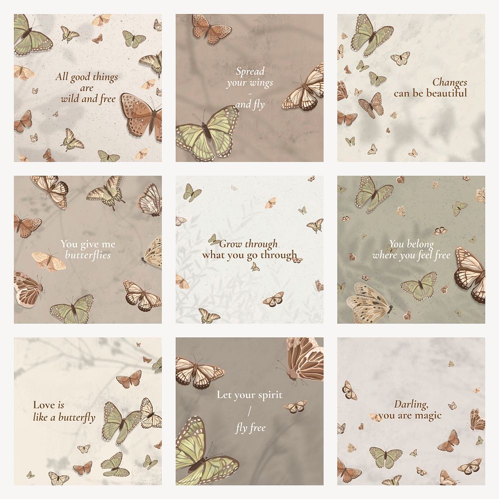 Butterfly social media post template, beautiful vintage beige pattern with quotes vector