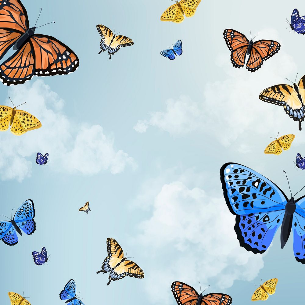 Butterfly frame, colorful background with design space psd