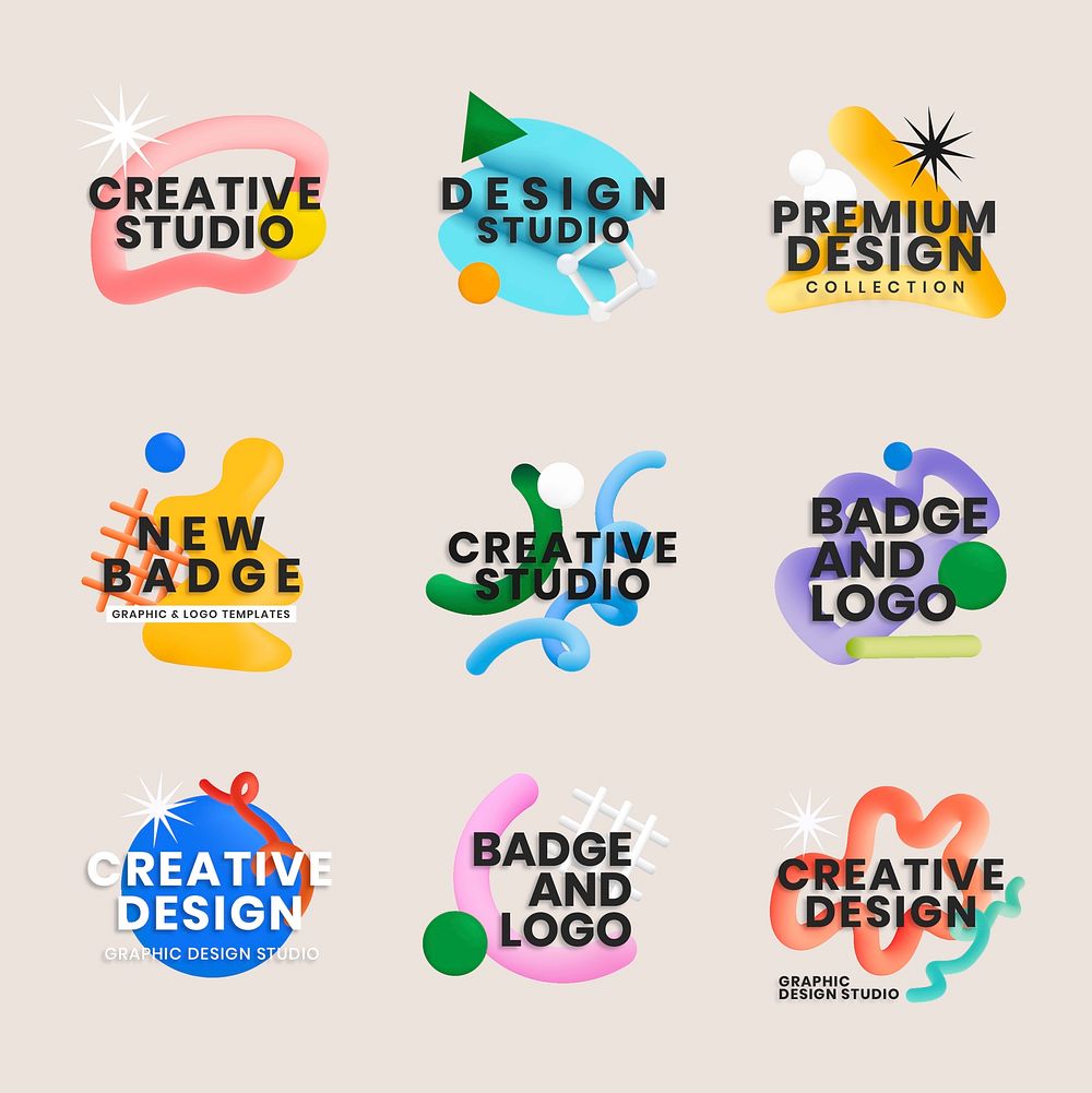 3D squiggle logo template, creative design set vector