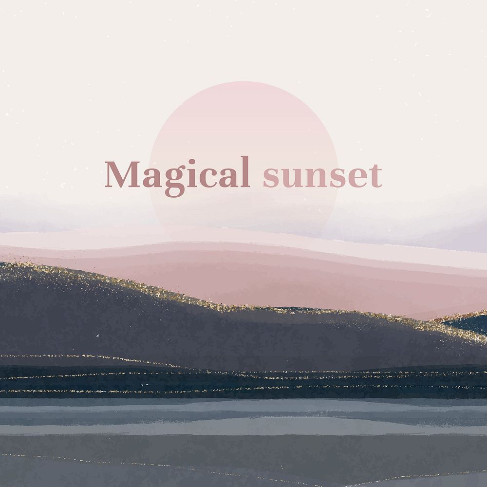 Magical sunset Instagram post template, aesthetic landscape illustration vector