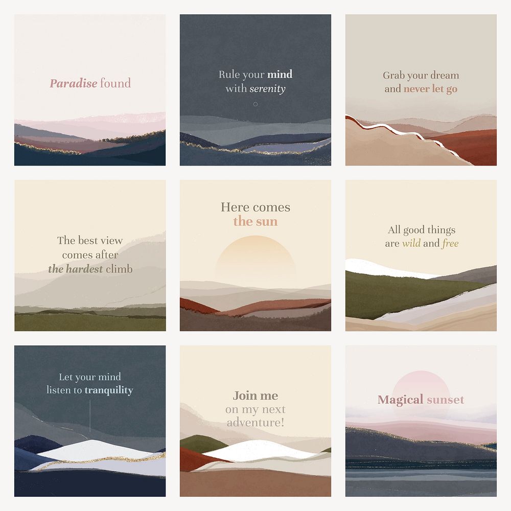 Aesthetic landscape Instagram post template, positive quotes vector set