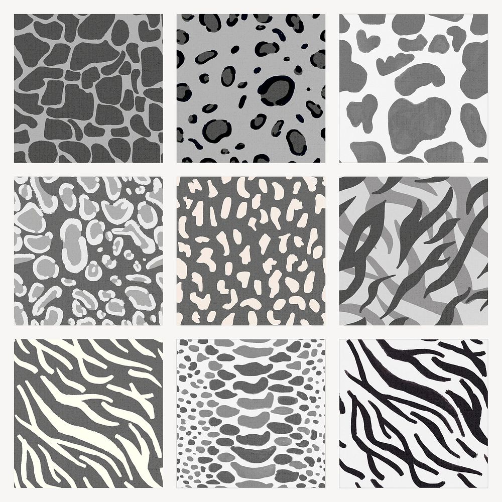 Black & white animal pattern background seamless set psd