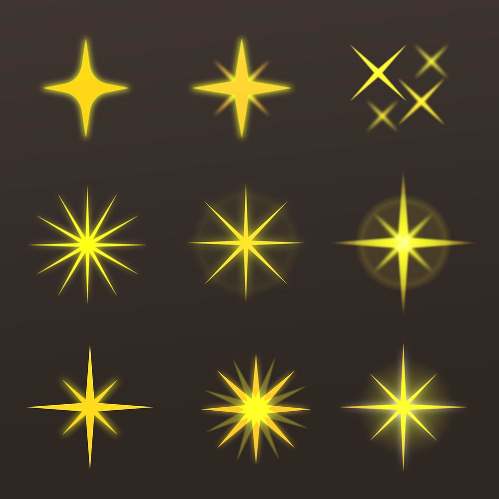 Gold star shine icon set, flat design vector graphic