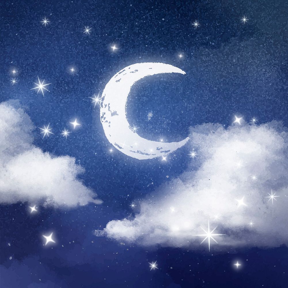 Aesthetic night sky background, moon & stars in dark blue background vector