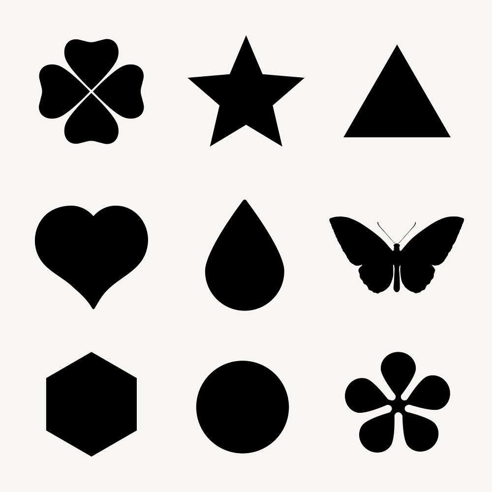 Shape stickers, black flat graphic, silhouette set psd