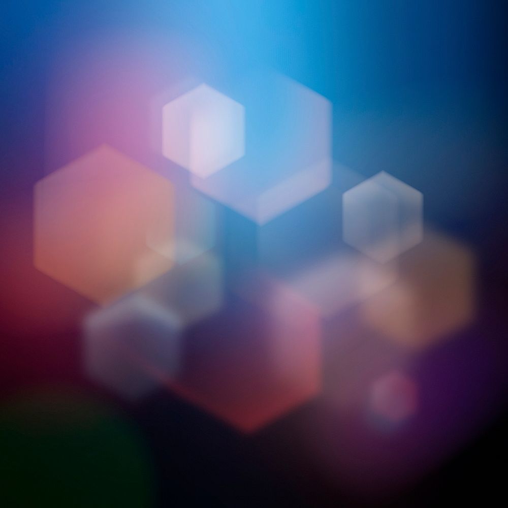 Colorful bokeh background, geometric hexagon, for social media post psd