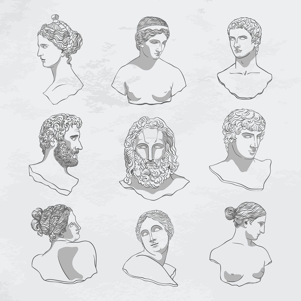 Greek statue logo element, line art design vector set