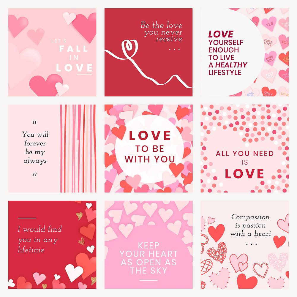 Valentines post set template, pink cute heart design vector
