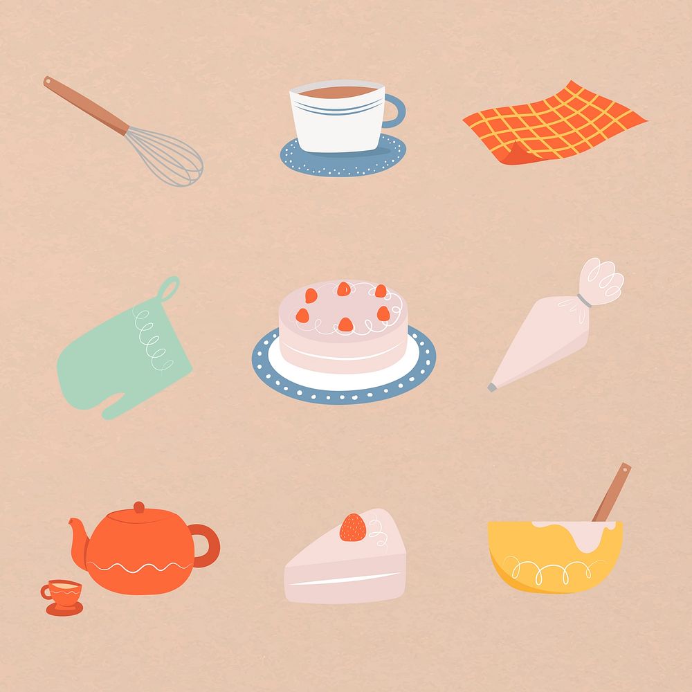 Baking tools & cakes collage element, cute cartoon design set psd
