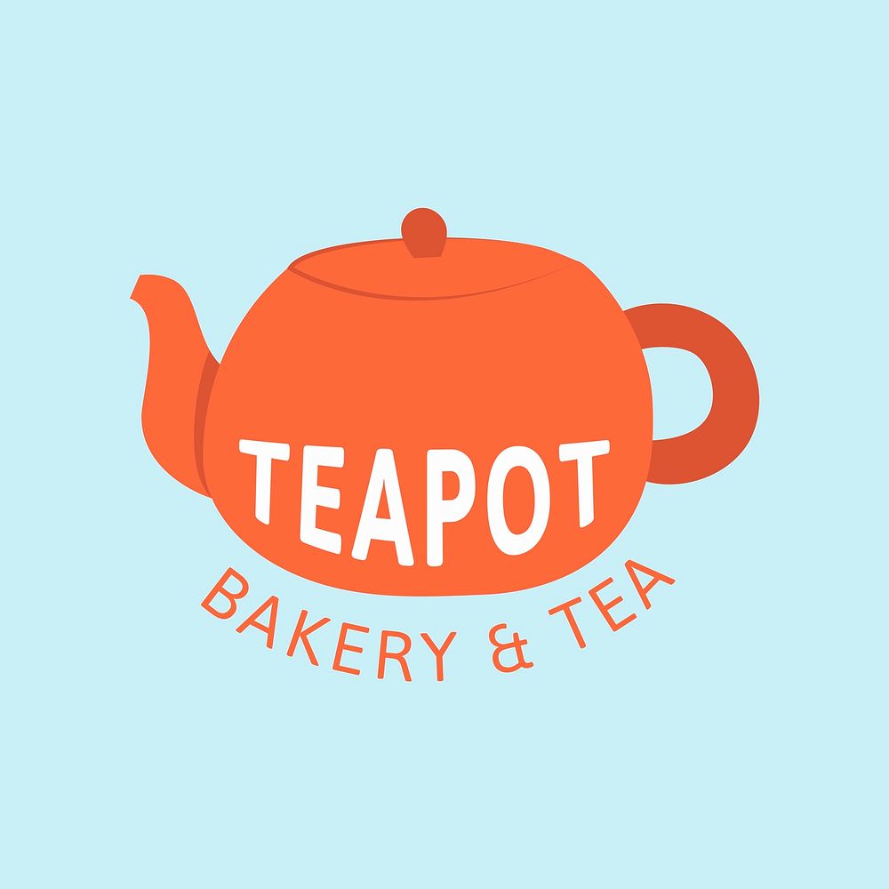 Cute teapot bakery logo template, orange flat design vector