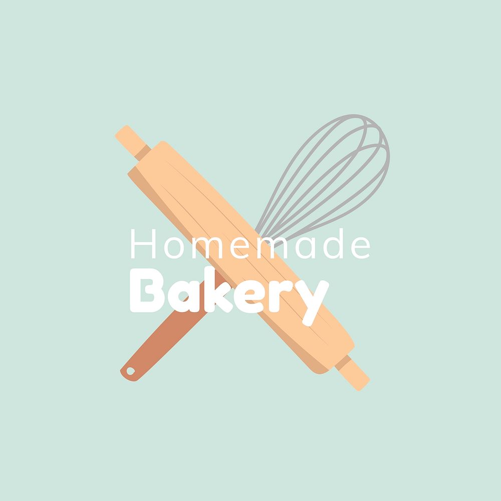 Bakery business logo template, cute whisk & rolling pin illustration vector