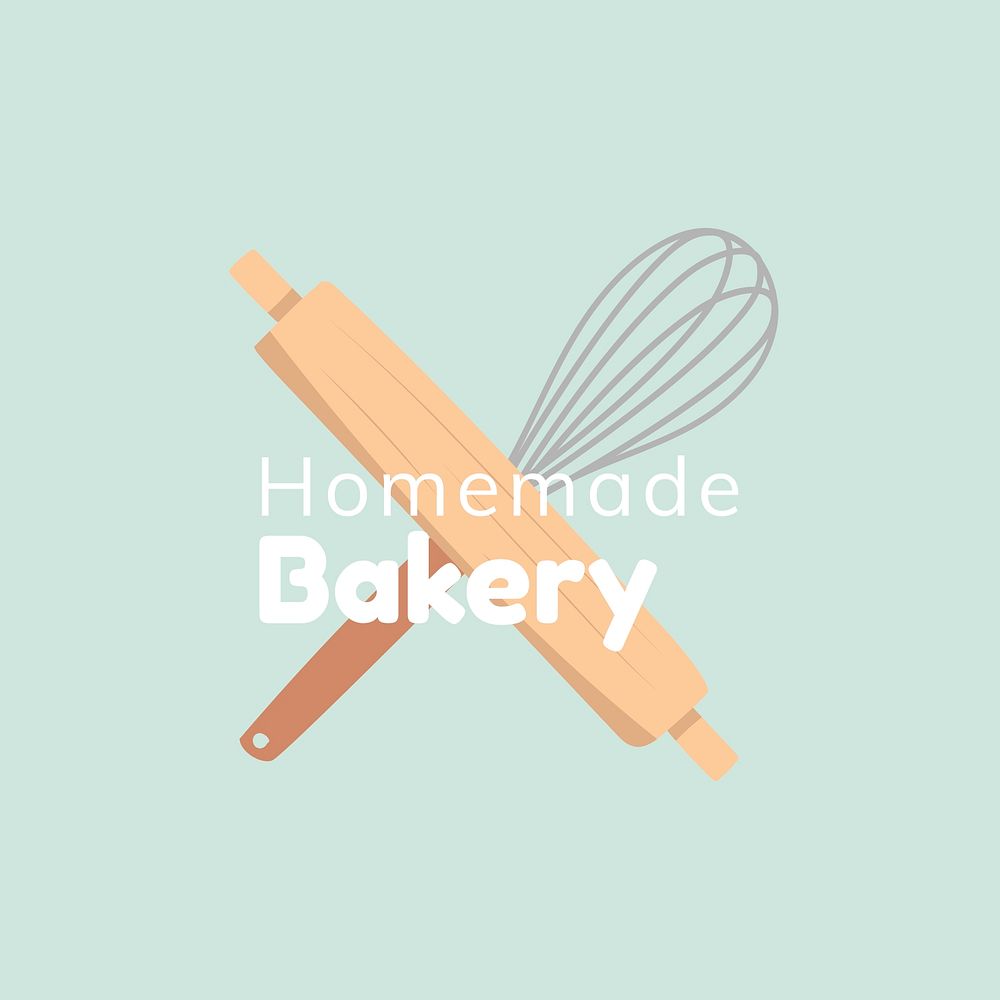 Bakery business logo template, cute whisk & rolling pin illustration psd