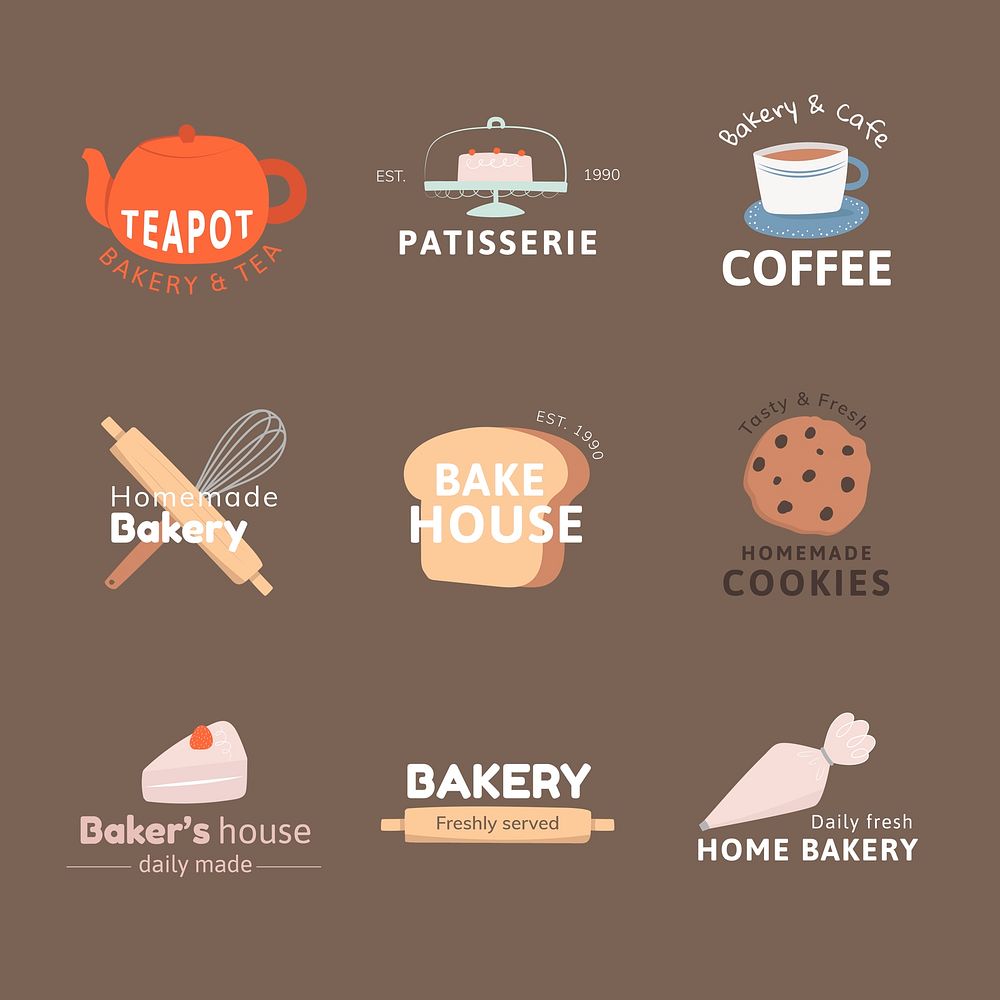 Bakery business logo template, cute design set psd