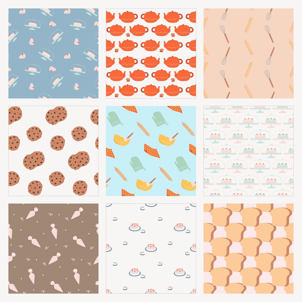 Cute bakery seamless pattern background social media post set psd
