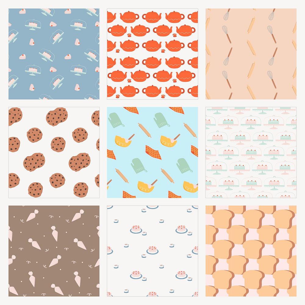 Cute bakery seamless pattern background social media post set vector