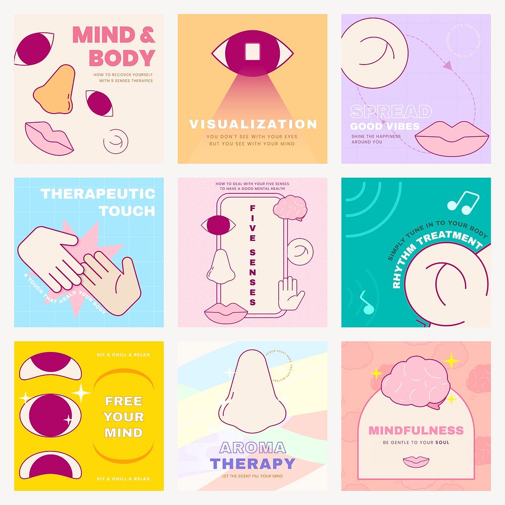 Mental health Instagram post template, five senses, social media set vector