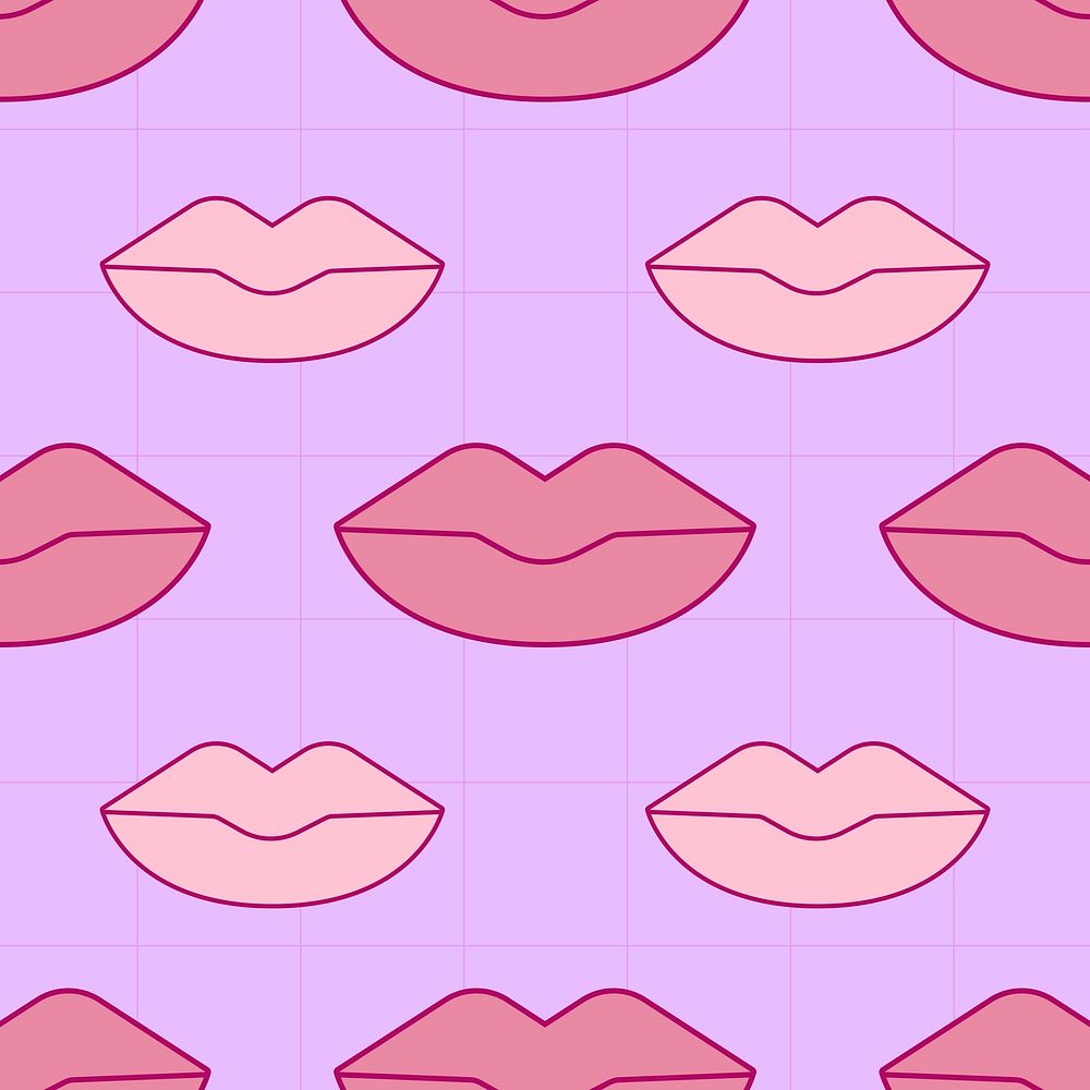 Pink lips pattern background, cute purple seamless design social media post psd