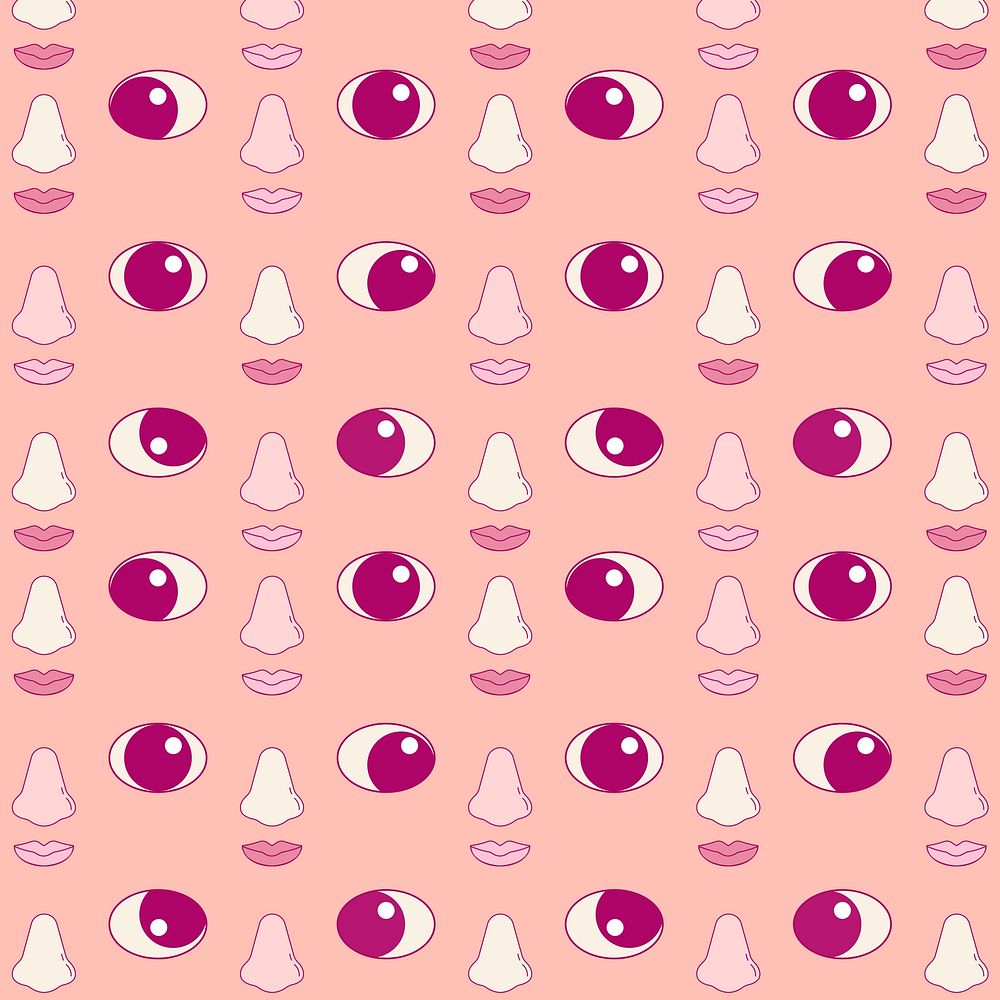 Face parts pattern background, cute pink cartoon design social media post psd