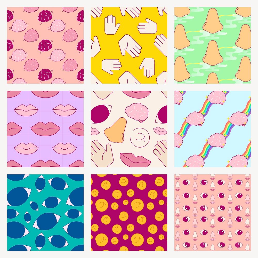 5 senses pattern png transparent background, cute seamless design set vector