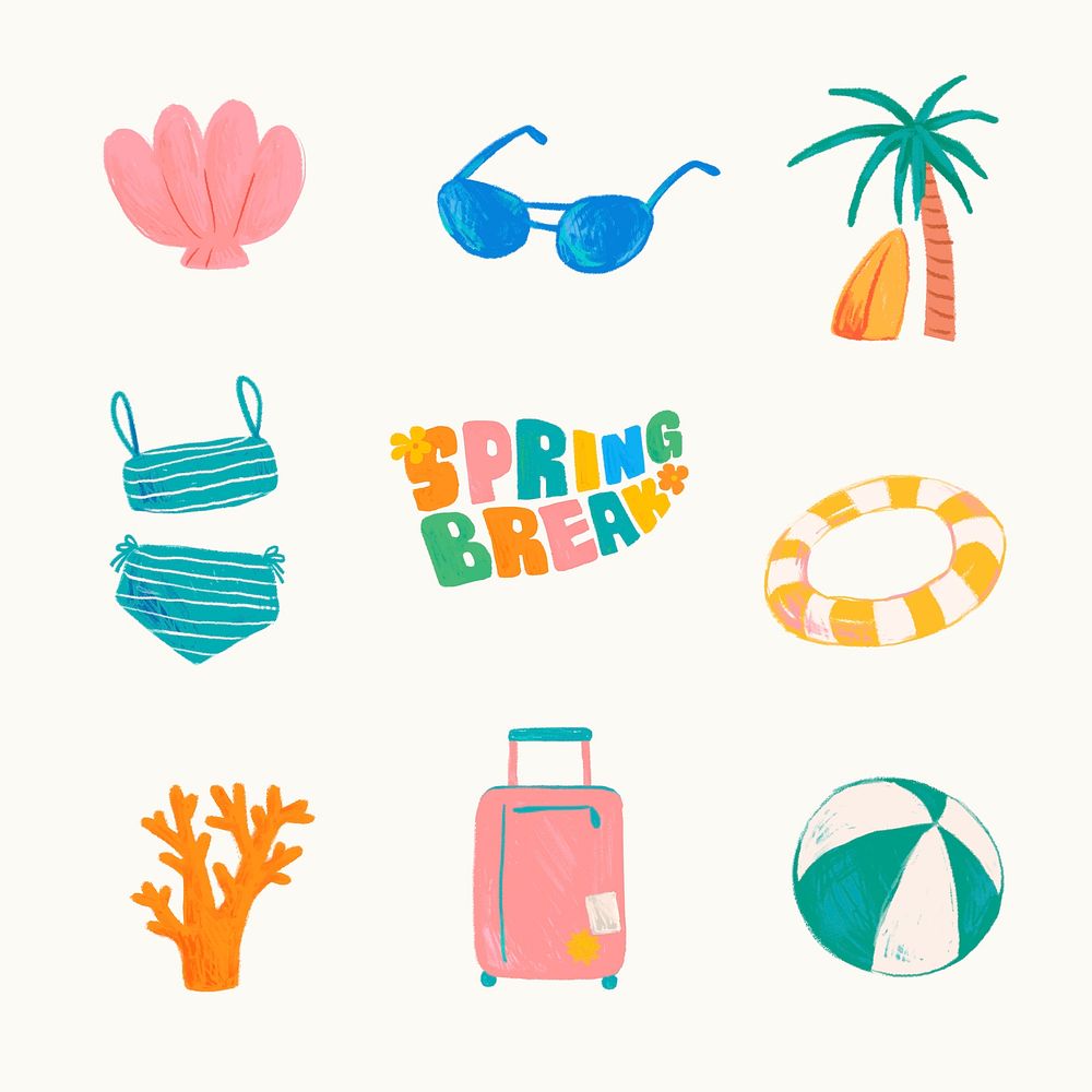 Tropical doodle stickers set, beige background vector