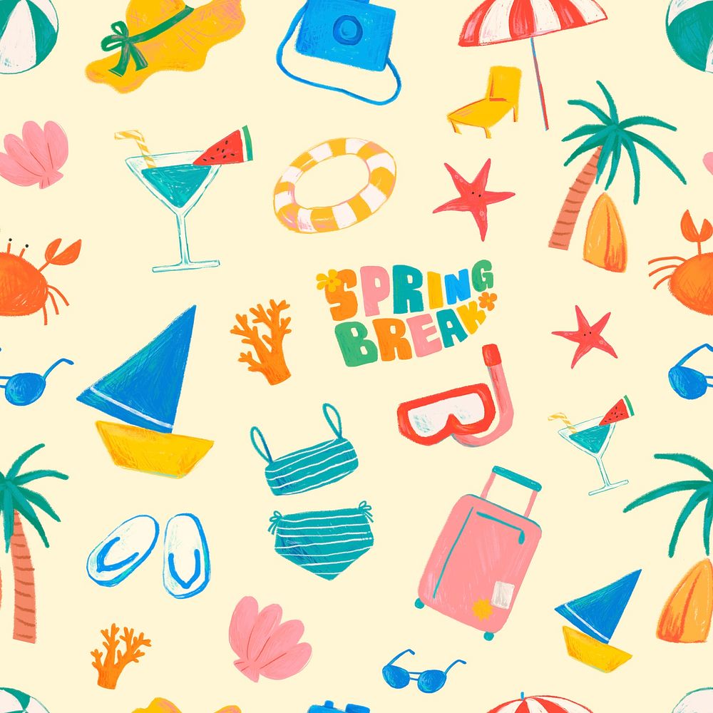 Spring break doodle seamless pattern, yellow background in psd