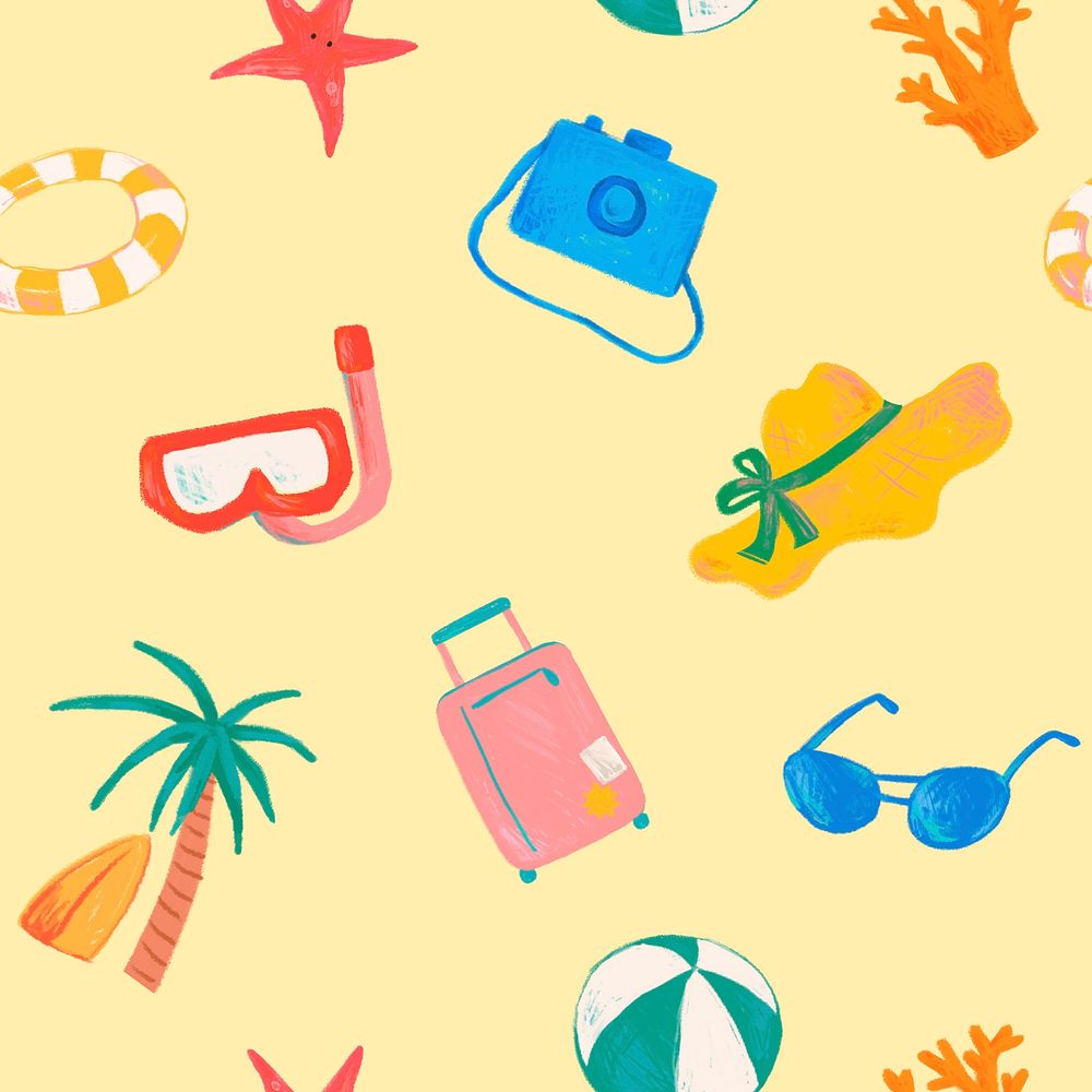 Tropical summer doodle seamless pattern, yellow background in psd