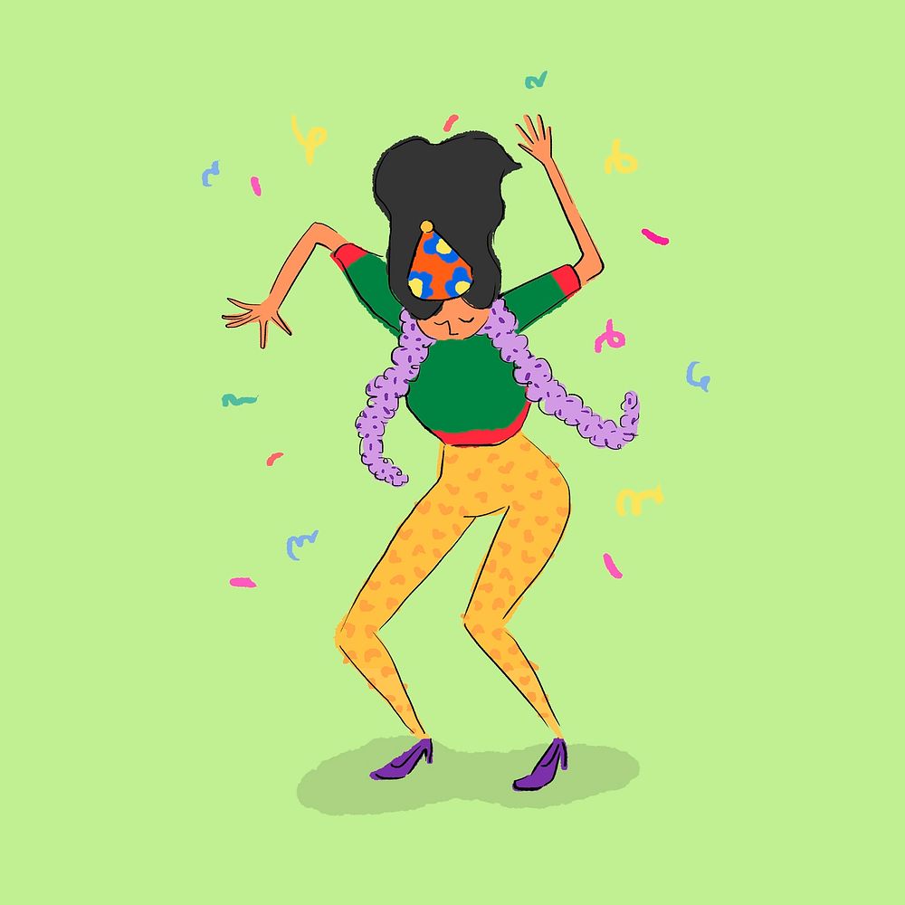 Dancing girl collage element, cute party sticker on green background psd