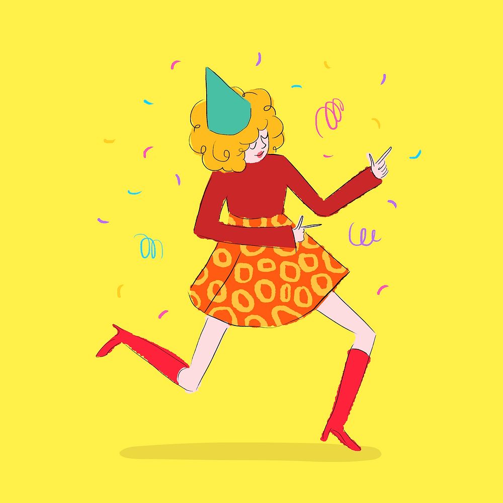 Dancing girl collage element, cute party sticker on yellow background psd